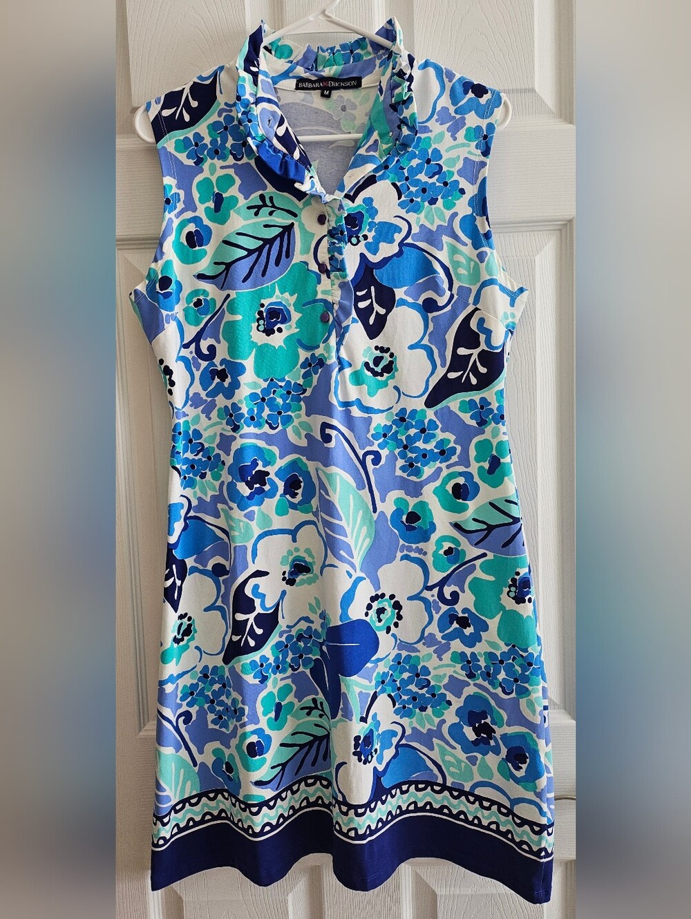 Barbara Erickson Med Sundress Floral Blue Green Sleeveless Ruffle V-Neck Beachy